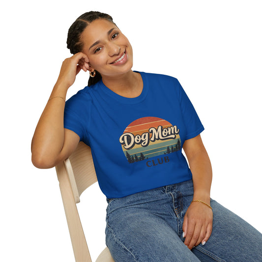 Dog Mom Club T-Shirt, Retro Sunset Graphic Tee for Dog Lovers